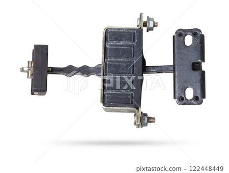 Metal and plastic car spare parts on a white isolated background - door stopper that prevents hard touches of body elements, damage or breakage. Detail of a mechanical assembly. Metal and plastic car spare parts on a white isolated background - door stopper that prevents hard touches of body elements, damage or breakage. Detail of a mechanical assembly. 122448449