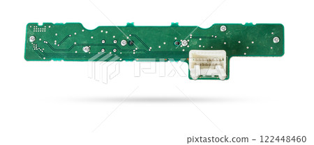 Green printed circuit board with transistors and microchips to control various devices 122448460