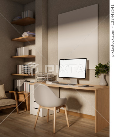A cozy, modern home office bathed in warm daylight, with a minimalist wooden desk and a computer. A cozy, modern home office bathed in warm daylight, with a minimalist wooden desk and a computer. 122448541