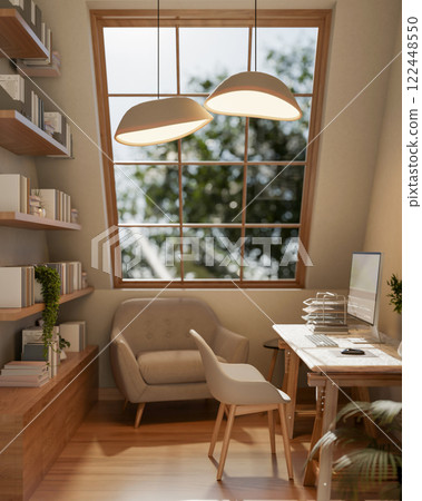 The interior design of a cozy contemporary home office workspace features a computer desk and decor. 122448550