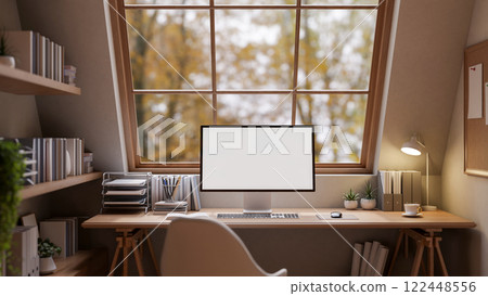 A cozy, minimal woody home office workspace features a computer on a desk, providing soft lighting. 122448556