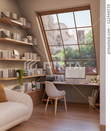 A cozy Scandinavian-style apartment living room features a computer desk by the starlight window. A cozy Scandinavian-style apartment living room features a computer desk by the starlight window. 122448559