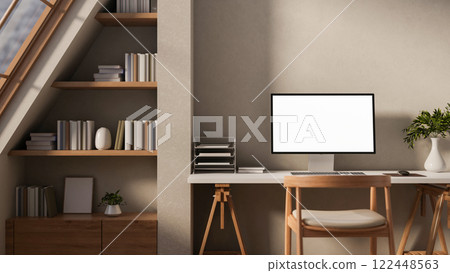 A contemporary Scandinavian apartment features a computer desk with a wooden armchair by the wall. A contemporary Scandinavian apartment features a computer desk with a wooden armchair by the wall. 122448563