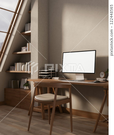 A contemporary Scandinavian workspace features a computer placed on a wooden table and sleek decor. 122448565