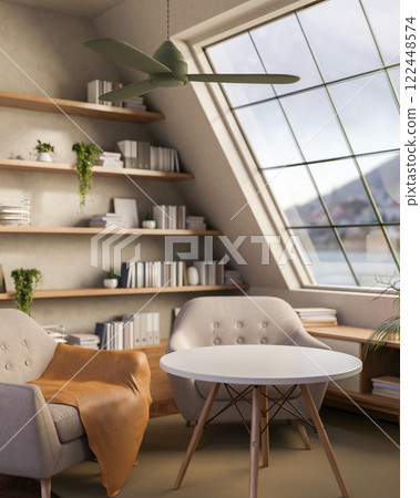 A contemporary relaxation corner features modern armchairs and a table by a large starlight window. A contemporary relaxation corner features modern armchairs and a table by a large starlight window. 122448574