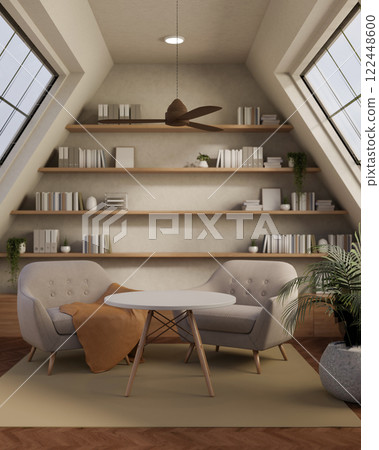 Contemporary Scandinavian living room creating a warm, welcoming atmosphere with earthy brown tones. 122448600
