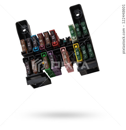 Automotive fuses box in different colors and each color is responsible for the specific value of the protection defined in amperes. Catalog of spare parts. Automotive fuses box in different colors and each color is responsible for the specific value of the protection defined in amperes. Catalog of spare parts. 122448601