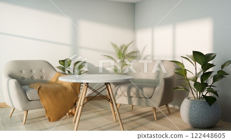 A minimalist wood table, modern grey armchairs, and indoor plants placed in a minimalist white room. 122448605