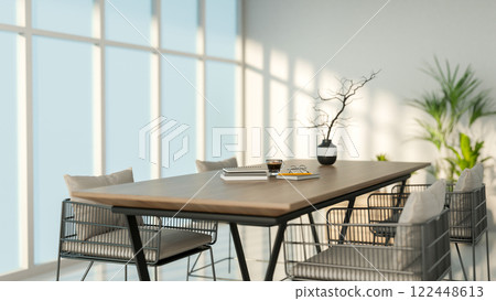A modern, minimalist white meeting or dining room features a hardwood table and armchairs. 122448613