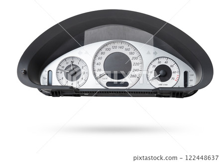 The dashboard of the car with white arrows with a speedometer, tachometer and other tools to monitor the condition of the vehicle in modern style on white isolated background 122448637