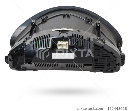 The dashboard of the car with white arrows with a speedometer, tachometer and other tools to monitor the condition of the vehicle in modern style on white isolated background 122448638