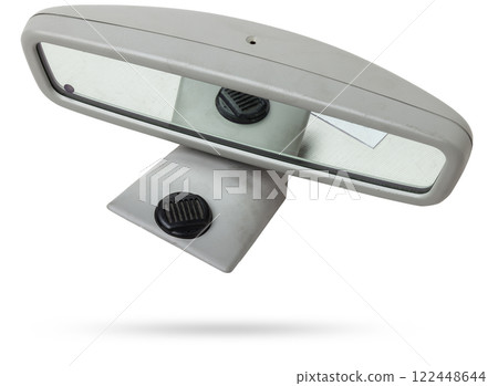 Close-up on a rear view mirror from a sedan for repair and replacement after an accident in a workshop. Auto service industry. Spare parts catalog. Close-up on a rear view mirror from a sedan for repair and replacement after an accident in a workshop. Auto service industry. Spare parts catalog. 122448644
