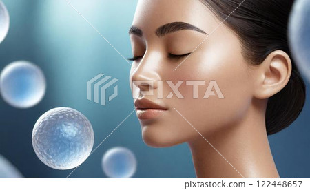 Stem cells floating around a woman's face, 3D CG illustration of regenerative medicine, medical material 122448657