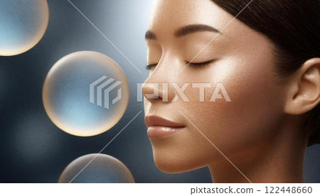 漂浮在女人臉上的幹細胞、再生醫學的 3D CG 插圖、醫療材料 122448660