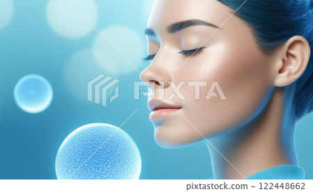 Stem cells floating around a woman's face, 3D CG illustration of regenerative medicine, medical material 122448662