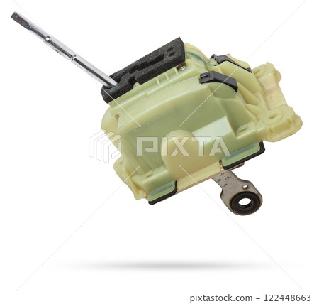 Spare part on a white isolated background for sale at an auto-parsing or replacement in a car service center - Automatic transmission selector gear lever with plastic elements Spare part on a white isolated background for sale at an auto-parsing or replacement in a car service center - Automatic transmission selector gear lever with plastic elements 122448663