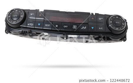 Close-up of climate control panel, Setting up and refueling the air conditioner in the workshop. Spare parts catalog. Close-up of climate control panel, Setting up and refueling the air conditioner in the workshop. Spare parts catalog. 122448672