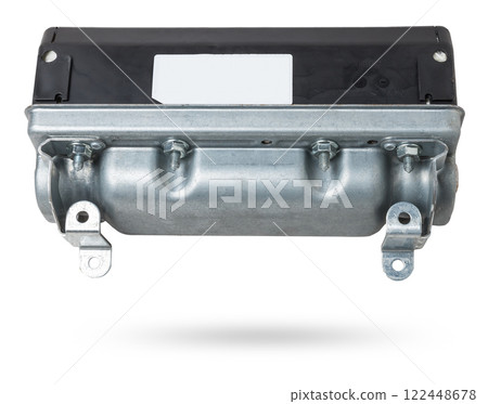 Spare part and interior element from a car passenger airbag in the dashboard on a white isolated background. Auto service industry. Spare part and interior element from a car passenger airbag in the dashboard on a white isolated background. Auto service industry. 122448678