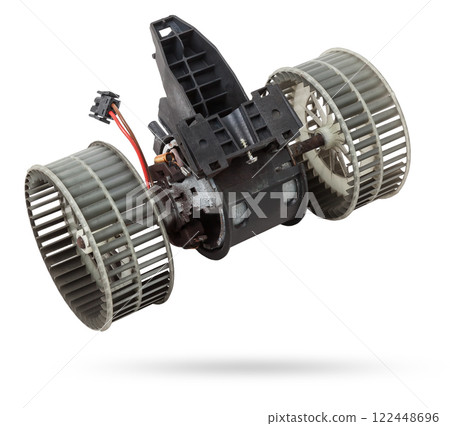 Heater fan - spare part and element of car air conditioning system on white isolated background. Auto service industry. Spare parts catalog. 122448696