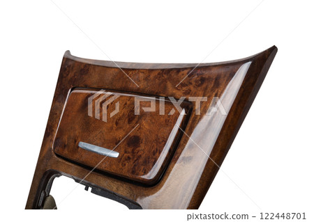 Wooden lining of a car gearbox selector on a white isolated background. 122448701