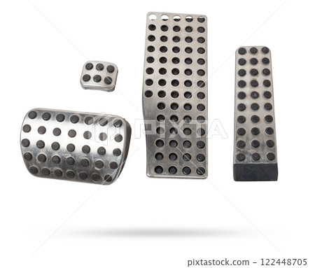 Chrome gas and brake pedal covers in a sporty style for car tuning on a white isolated background. Chrome gas and brake pedal covers in a sporty style for car tuning on a white isolated background. 122448705