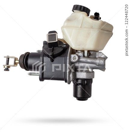 Black metal vacuum brake booster for repair and replacement on a car in a workshop on a white isolated background. Spare parts catalog for cars. 122448720