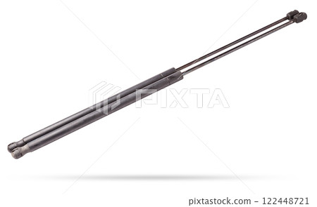 A pair of black metal hood shock absorbers with chrome elements - detail of a car mechanism on a white isolated background. Spare parts for body repair. A pair of black metal hood shock absorbers with chrome elements - detail of a car mechanism on a white isolated background. Spare parts for body repair. 122448721