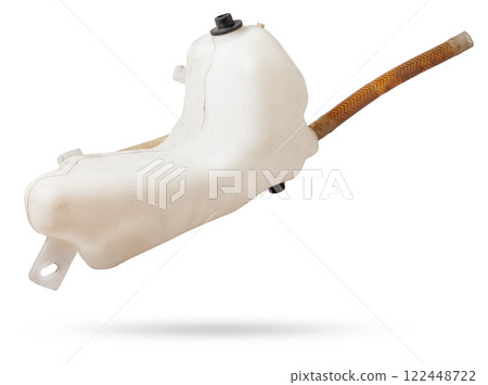 Coolant expansion tank white on an isolated background with black details. A unit of a liquid cooling system for internal combustion engines, a capacity of a special design. Coolant expansion tank white on an isolated background with black details. A unit of a liquid cooling system for internal combustion engines, a capacity of a special design. 122448722