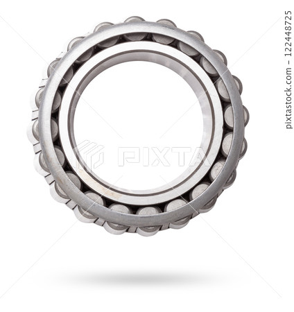 Shiny metal single row round roller bearing designed to absorb radial and one-sided axial loads of the vehicle. Sale of spare parts or repair in a workshop or car service. Shiny metal single row round roller bearing designed to absorb radial and one-sided axial loads of the vehicle. Sale of spare parts or repair in a workshop or car service. 122448725