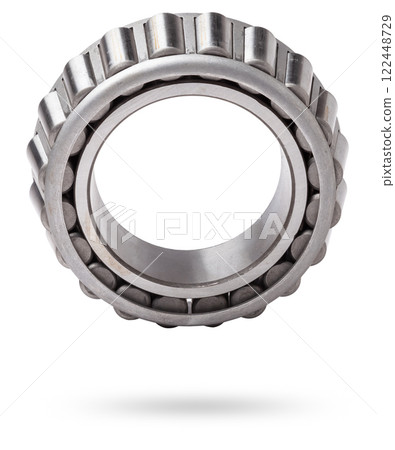 Shiny metal single row round roller bearing designed to absorb radial and one-sided axial loads of the vehicle. Sale of spare parts or repair in a workshop or car service. Shiny metal single row round roller bearing designed to absorb radial and one-sided axial loads of the vehicle. Sale of spare parts or repair in a workshop or car service. 122448729