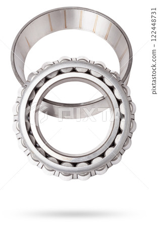 Shiny metal single row round roller bearing designed to absorb radial and one-sided axial loads of the vehicle. Sale of spare parts or repair in a workshop or car service. 122448731