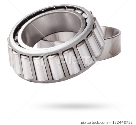 Shiny metal single row round roller bearing designed to absorb radial and one-sided axial loads of the vehicle. Sale of spare parts or repair in a workshop or car service. 122448732