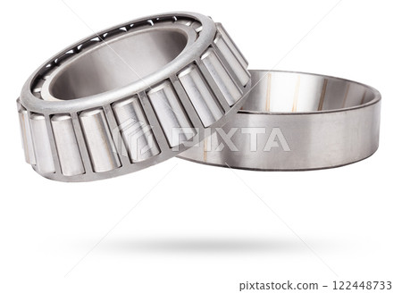 Shiny metal single row round roller bearing designed to absorb radial and one-sided axial loads of the vehicle. Sale of spare parts or repair in a workshop or car service. Shiny metal single row round roller bearing designed to absorb radial and one-sided axial loads of the vehicle. Sale of spare parts or repair in a workshop or car service. 122448733