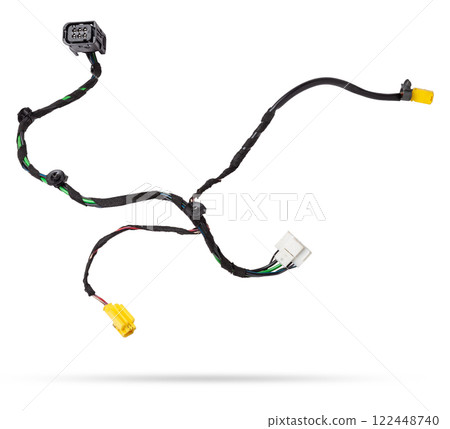 A cable of matted wires of different colors with connectors in the electrical wiring of the car. Internet line in the work of the provider. 122448740