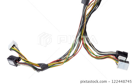 A cable of matted wires of different colors with connectors in the electrical wiring of the car. Internet line in the work of the provider. 122448745