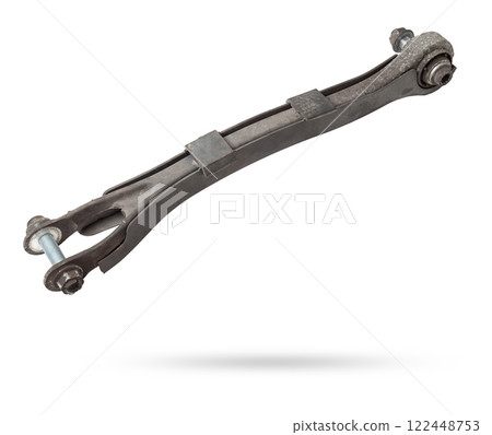 Curved metal chassis arm lever with ball and rubber-metal joint with bushings - silent block on a white isolated background. Detail for suspension repair in a workshop or garage. Curved metal chassis arm lever with ball and rubber-metal joint with bushings - silent block on a white isolated background. Detail for suspension repair in a workshop or garage. 122448753