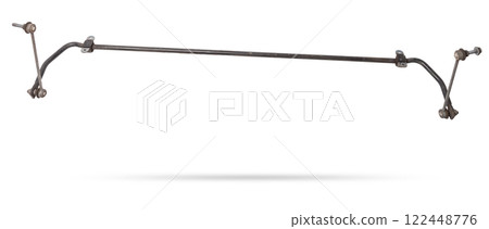 Metal anti-roll bar stabilizer - a device in vehicle suspension that serves to reduce lateral rolls in corners, it was used on a white isolated for installation or repair in workshop Metal anti-roll bar stabilizer - a device in vehicle suspension that serves to reduce lateral rolls in corners, it was used on a white isolated for installation or repair in workshop 122448776