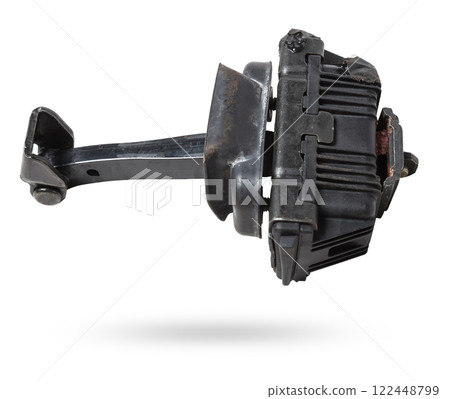 Metal and plastic car spare parts on a white isolated background - door stopper that prevents hard touches of body elements, damage or breakage. Detail of a mechanical assembly. 122448799