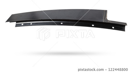 Black plastic molding with chrome for car side fender - tuning element for sale in a car service on a white isolated background in a photo studio. Black plastic molding with chrome for car side fender - tuning element for sale in a car service on a white isolated background in a photo studio. 122448800