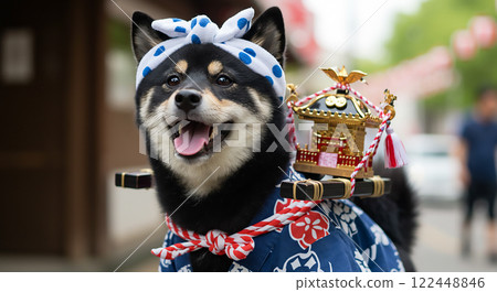A Shiba dog wearing a happi coat and carrying a mikoshi 122448846