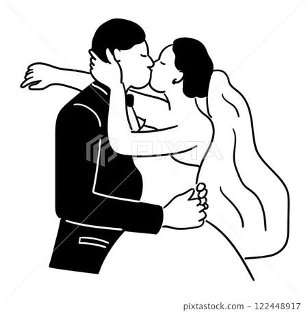 Couple in love, Affectionate bride and groom kissing on their wedding day Couple in love, Affectionate bride and groom kissing on their wedding day 122448917