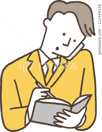 A man taking notes while talking on his smartphone. 122449159