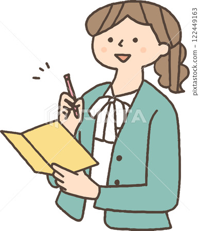 A woman thinking about something while taking notes A woman thinking about something while taking notes 122449163