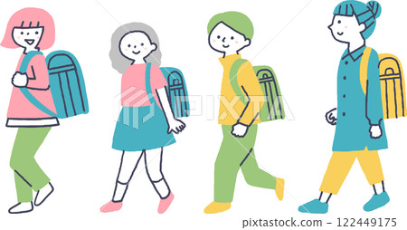 背著書包並肩行走的孩子們 背著書包並肩行走的孩子們 122449175