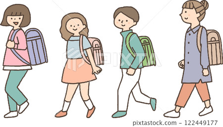 背著書包並肩行走的孩子們 背著書包並肩行走的孩子們 122449177
