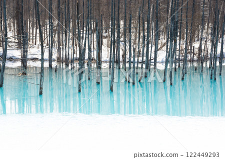 Spring blue pond with snow, Biei Town 122449293