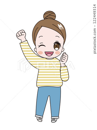 An illustration of a young cute woman wearing a striped shirt with her hair in a bun, happily posing with her fist in the air An illustration of a young cute woman wearing a striped shirt with her hair in a bun, happily posing with her fist in the air 122449314