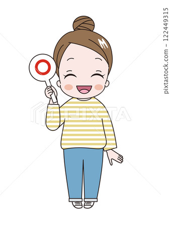 Illustration of a young cute woman wearing a striped shirt with her hair in a bun holding up a round placard Illustration of a young cute woman wearing a striped shirt with her hair in a bun holding up a round placard 122449315