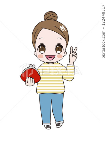 An illustration of a young cute woman wearing a striped shirt with her hair in a peace bun and holding a wallet An illustration of a young cute woman wearing a striped shirt with her hair in a peace bun and holding a wallet 122449317