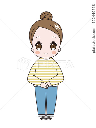 An illustration of a young cute woman wearing a striped shirt with her hair in a bun, standing facing forward and smiling An illustration of a young cute woman wearing a striped shirt with her hair in a bun, standing facing forward and smiling 122449318